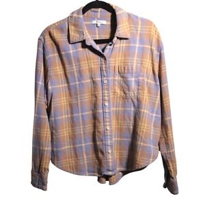 Madewell Flannel Oversized Boyfriend Shirt Plaid Dusk Periwinkle Gold Yellow M
